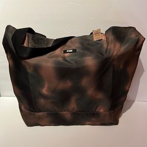 PINK Tote Tie Dye Green & Rust Nylon Double Black Handles Zip Top Inside Pocket